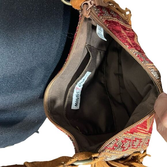 MINNETONKA Genuine Leather Cross Body Purse, Boho Aztec Embroidered, Side Fringe - Picture 4 of 13